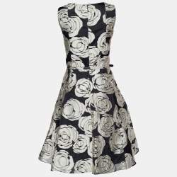 Oscar de la Renta Black Floral Jacquard Silk Belted Midi Dress M