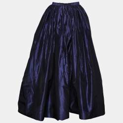 Pre Owned Oscar de la Renta Vintage Navy Blue Silk Gathered Maxi Skirt M