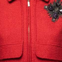 Pre Owned Oscar de la Renta Red Wool & Llama Amethyst Brooch Zip-Up Jacket S