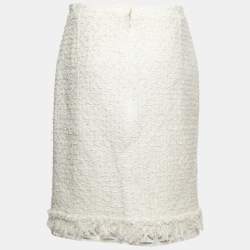 Pre Owned Oscar de la Renta Cream Tweed & Lace Trim Skirt L