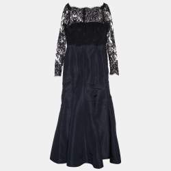 Oscar de la Renta Navy Blue Silk Taffeta & Lace Boat Neck Gown L