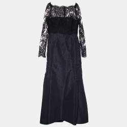 Oscar de la Renta Navy Blue Silk Taffeta & Lace Boat Neck Gown L