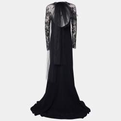 Pre Owned Oscar de la Renta Black Crepe & Lace Bow Back Cady Gown M