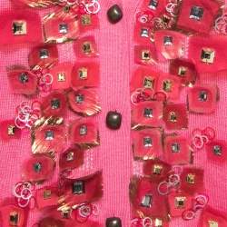 Pre Owned Oscar de la Renta Pink Embellished Cashmere and Silk Knit Button Front Cardigan M