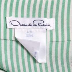 Pre Owned Oscar de la Renta White/Green Striped Silk Ruffled Sleeveless Top M