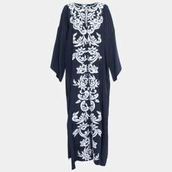 Oscar de la Renta Navy Blue Embroidered Silk Abhaya L