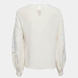 Pre Owned Oscar de la Renta Cream Crepe Lace Trimmed Long Sleeve Blouse M