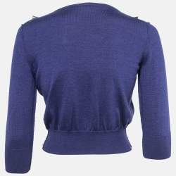 Pre Owned Oscar de la Renta Blue Embellished Knit Button Front Cropped Sweater S