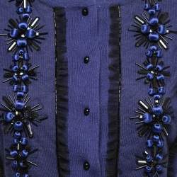 Pre Owned Oscar de la Renta Blue Embellished Knit Button Front Cropped Sweater S