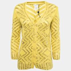 Pre Owned Oscar de la Renta Yellow Embellished Cashmere Knit Button Front Cardigan M
