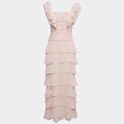 Oscar de la Renta Light Pink Silk Ruched Corset Detail Sleeveless Tiered Gown M