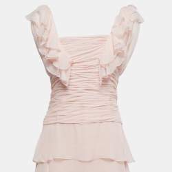 Oscar de la Renta Light Pink Silk Ruched Corset Detail Sleeveless Tiered Gown M