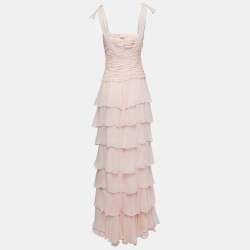 Oscar de la Renta Light Pink Silk Ruched Corset Detail Sleeveless Tiered Gown M