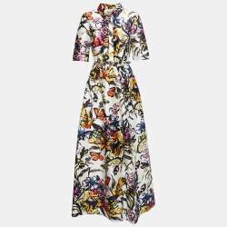 Oscar de la Renta Multicolor Abstract Printed Silk Belted Maxi Dress M