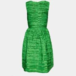 Pre Owned Oscar de la Renta Green Frayed Silk Sleeveless Midi Dress M