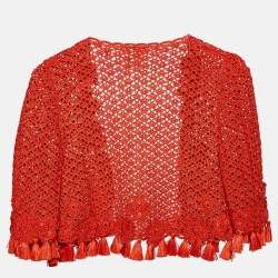 Pre Owned Oscar de la Renta Burnt Orange Crochet Silk Knit Shrug S