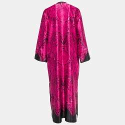 Pre Owned Oscar de la Renta Pink/Black Printed Satin Kaftan Dress S