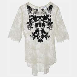Oscar de la Renta White Lace Contrast Embroidery High Low Hem Top M