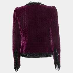 Pre Owned Oscar de la Renta Purple Embellished Velvet Lace Trimmed Open Front Jacket M