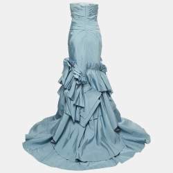 Oscar de la Renta Light Blue Silk Pleated Ruffle Strapless Gown M