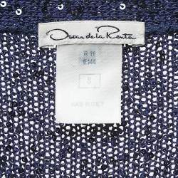 Pre Owned Oscar de la Renta Blue Striped Sequined Knit Buttoned Cardigan S