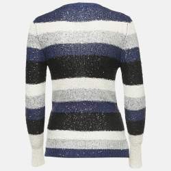 Pre Owned Oscar de la Renta Blue Striped Sequined Knit Buttoned Cardigan S