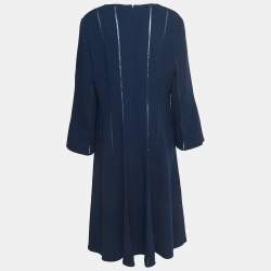 Pre Owned Oscar de la Renta Navy Blue Wool Metallic Trim Midi Dress XL