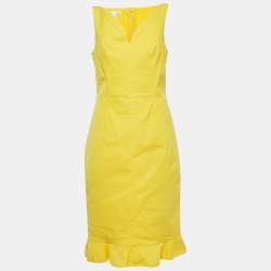 Pre Owned Oscar de la Renta Yellow Cotton Sleeveless Midi Dress M