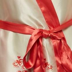 Pre Owned Oscar de la Renta Pink Label Cream/Orange Print Satin Belted Coat L