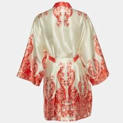 Pre Owned Oscar de la Renta Pink Label Cream/Orange Print Satin Belted Coat L