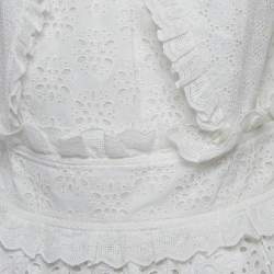Pre Owned Oscar de la Renta White Cotton Lace Ruffle Detail Peplum Top L