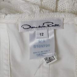 Pre Owned Oscar de la Renta White Cotton Lace Ruffle Detail Peplum Top L