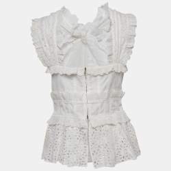 Pre Owned Oscar de la Renta White Cotton Lace Ruffle Detail Peplum Top L