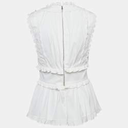 Oscar de la Renta White Lace Trim Cotton Ruffled Peplum Top M