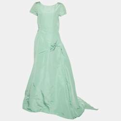 Pre Owned Oscar de la Renta Green Silk Pleat Detail Draped Gown L
