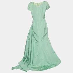 Pre Owned Oscar de la Renta Green Silk Pleat Detail Draped Gown L