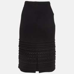 Pre Owned Oscar de la Renta Black Lace Trim Wool Pencil Skirt MTO/XL