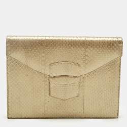 Pre Owned Oscar De La Renta Gold Watersnake Leather Small Grafton Clutch