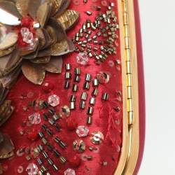 Pre Owned Oscar de la Renta Metal Frame Embellished Red Satin Clutch