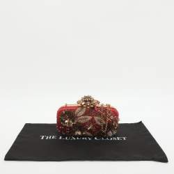 Pre Owned Oscar de la Renta Metal Frame Embellished Red Satin Clutch