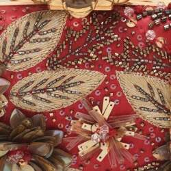 Pre Owned Oscar de la Renta Metal Frame Embellished Red Satin Clutch