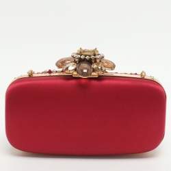 Pre Owned Oscar de la Renta Metal Frame Embellished Red Satin Clutch
