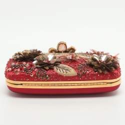 Pre Owned Oscar de la Renta Metal Frame Embellished Red Satin Clutch