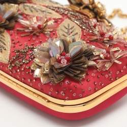 Pre Owned Oscar de la Renta Metal Frame Embellished Red Satin Clutch
