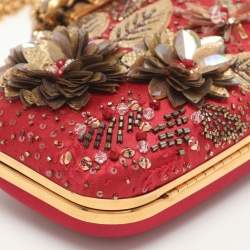 Pre Owned Oscar de la Renta Metal Frame Embellished Red Satin Clutch