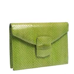 Pre Owned Oscar De La Renta Lime Green Python Clutch