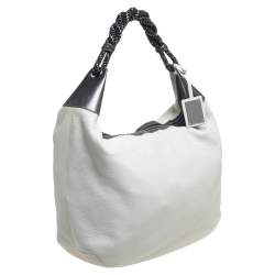 Pre Owned Oscar de la Renta Off White Leather Zipped Hobo