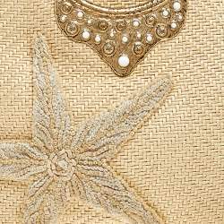 Pre Owned Oscar de la Renta Beige Woven Raffia Starfish Embellished Tote 
