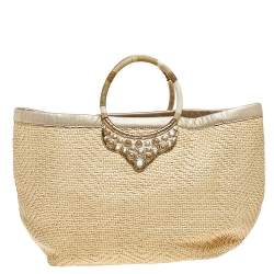 Pre Owned Oscar de la Renta Beige Woven Raffia Starfish Embellished Tote 
