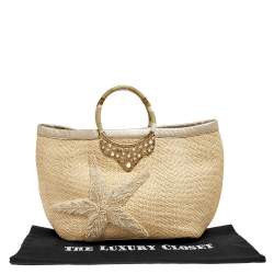 Pre Owned Oscar de la Renta Beige Woven Raffia Starfish Embellished Tote 